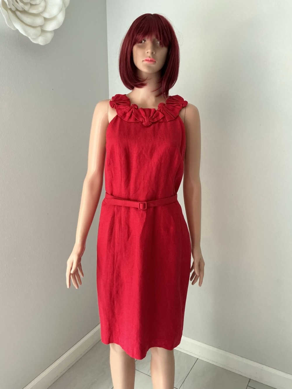 Jessica Howard Red Ruffled Neck Belted Midi Dress